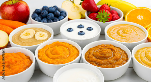 An appetizing assortment of fresh fruit and vegetable purees, whole fruits, and yogurt in bowls, perfect for healthy baby food and toddler nutrition
