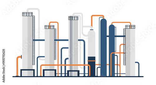 Sleek vector illustration of an industrial facility, a modern chemical refinery or processing plant with tanks, towers, and pipelines, symbolizing energy production and manufacturing infrastructure
