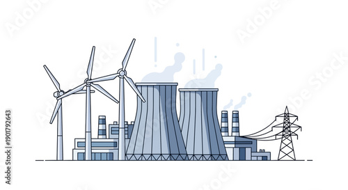 Modern energy production landscape featuring a blend of renewable wind turbines and traditional power plants, symbolizing a robust and diverse electricity generation infrastructure