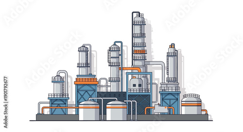 Modern industrial chemical plant illustration with multiple towers, tanks, and interconnected pipes, representing a refinery or processing facility for energy production and manufacturing