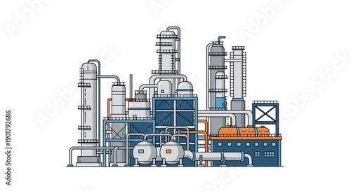 Detailed illustration of a modern industrial chemical processing plant facility with various refining towers and storage tanks, representing manufacturing and energy production through complex systems