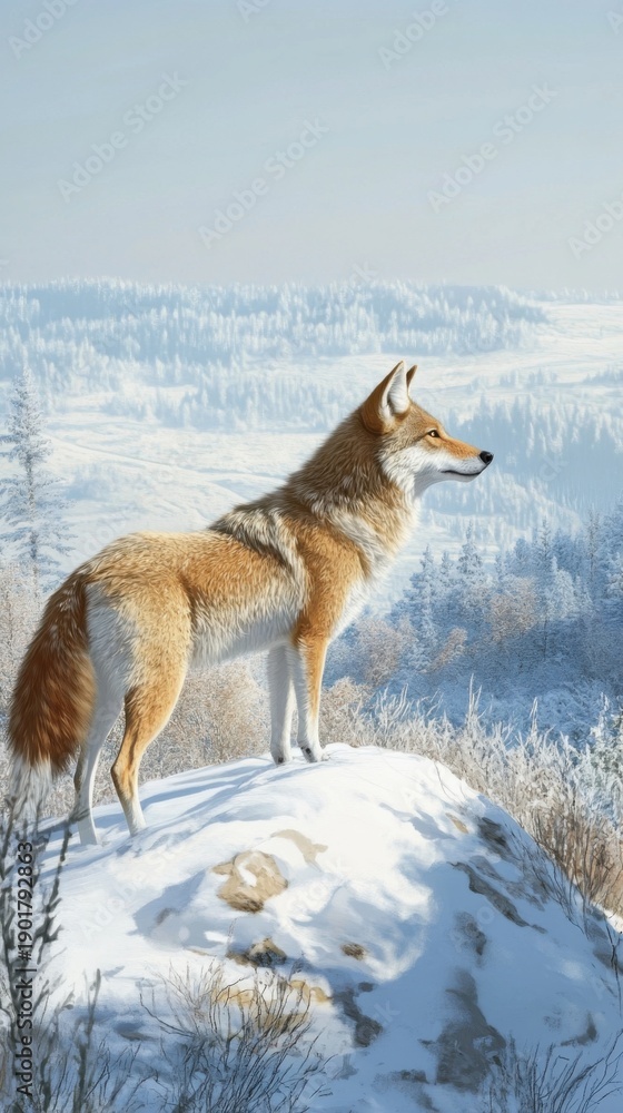 Fototapeta premium Wolf Standing On Snowy Hill In Winter Landscape