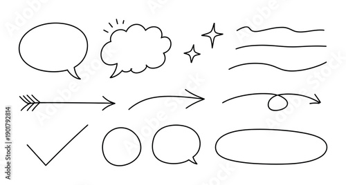 Hand drawn doodle icons set with arrows hearts stars speech bubbles and abstract shapes isolated on transparent background. Hand drawn speech bubbles and arrows for infographics and presentation. 