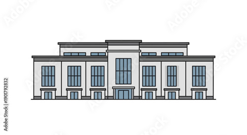 Sleek and professional vector illustration of a contemporary public building, featuring a symmetrical facade with numerous windows, ideal for architectural designs or urban planning concepts