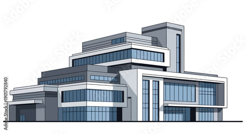 Sleek contemporary multi-level building illustration showcasing innovative architectural design with large reflective windows, representing modern urban development and corporate sophistication