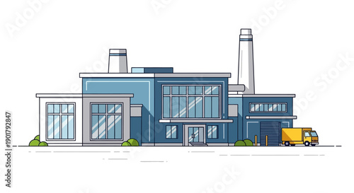 Modern Flat Design Illustration of an Industrial Factory Building with a Delivery Truck, Symbolizing Manufacturing, Production, and Efficient Supply Chain Logistics for Business Operations