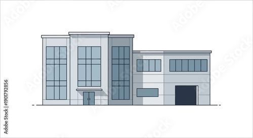 Modern industrial office building exterior illustration showcasing contemporary architecture with clean lines, large windows, and a versatile design ideal for corporate or commercial property projects