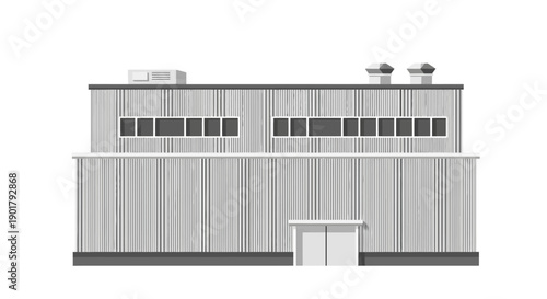 Contemporary grayscale industrial factory building illustration in a clean flat design style, ideal for business, manufacturing, and logistics concepts