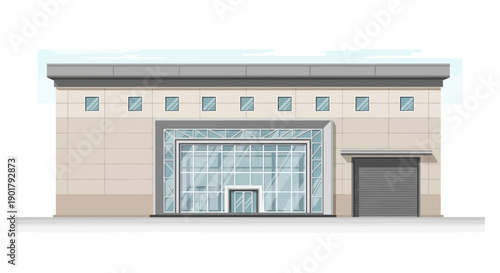 Modern commercial building flat design vector illustration, showcasing a sleek glass facade and functional loading bay, perfect for urban retail, office, or business premises architecture