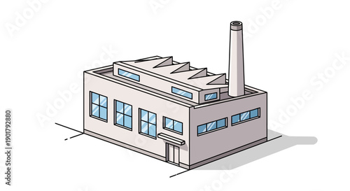 Stylized industrial factory building with a tall chimney, presented in a clean, isometric line art illustration, representing manufacturing and production operations