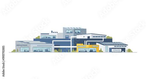 Modern industrial complex illustration featuring multiple advanced buildings, an innovation hub, and a focus on sustainable technology and business operations within a clean, urban environment