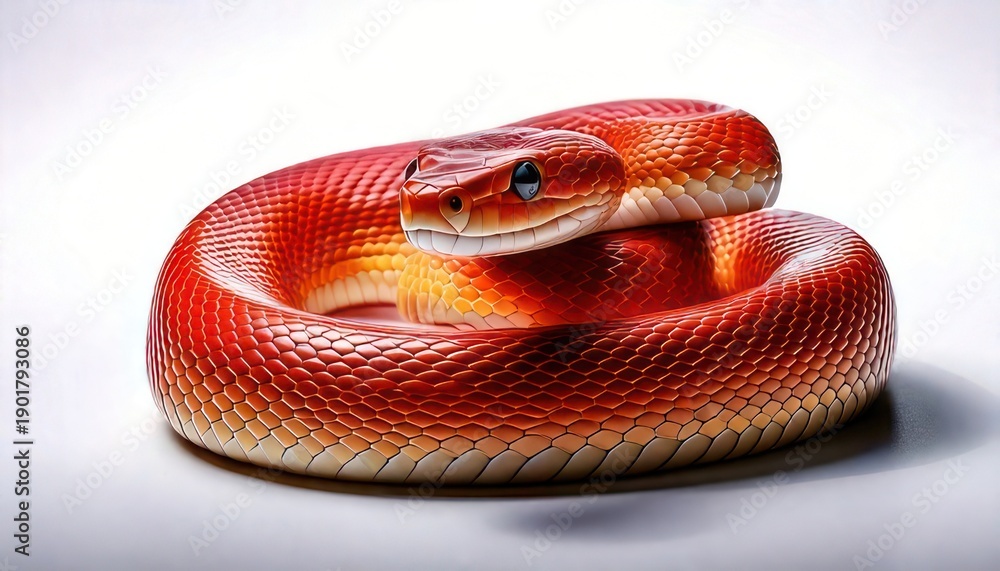 Fototapeta premium Coiled Red Rat Snake - A Captivating Close-Up on White Background.