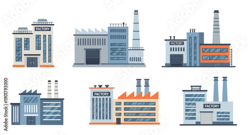 A diverse collection of modern industrial factories and production plants, showcasing various manufacturing facilities and urban development architecture