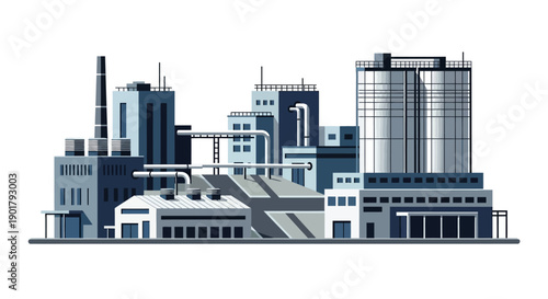 Modern industrial complex illustration depicting a large manufacturing plant with diverse buildings, tall chimneys, and storage tanks, symbolizing global production and energy facilities
