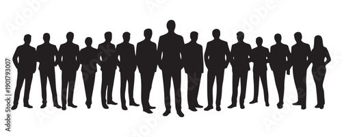 Group of diverse business people standing together in silhouette against a white background, representing teamwork and unity in corporate environment