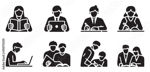 Group of educational icons representing students studying reading learning and collaborating in various settings showing teamwork and individual study habits for academic success.