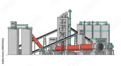 Modern industrial plant for cement production with heavy machinery, silos, and rotary kiln, illustrating the manufacturing process of building materials and construction infrastructure