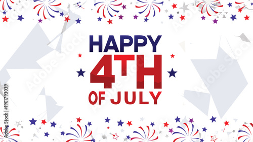 Happy 4th of July vector banner with fireworks and stars, patriotic greeting card or poster template