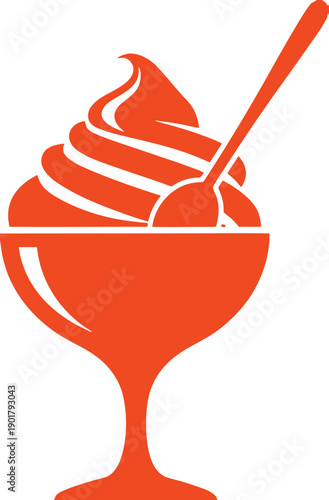 Soft Serve Ice Cream in Bowl with Spoon – Minimal Vector Icon, Frozen Yogurt or Ice Cream Sundae Silhouette – Flat Food Logo, Dessert Bowl with Soft Ice Cream Swirl – Modern Monochrome Icon