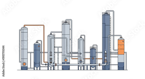 Industrial processing facility illustration with interconnected towers, storage tanks, and pipelines, representing chemical production or energy industry infrastructure