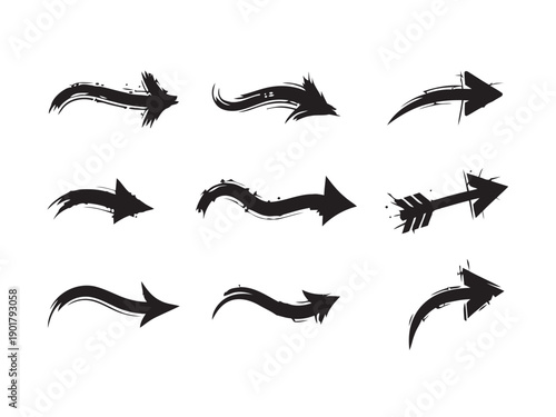 Group of nine stylized brush stroke arrows in various shapes and directions with dynamic energetic appearance isolated on white background for graphic design projects vector art