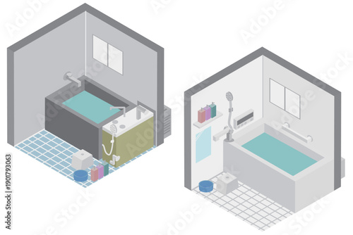 アイソメトリックの団地など集合住宅のバランス釜のリフォームイメージ素材