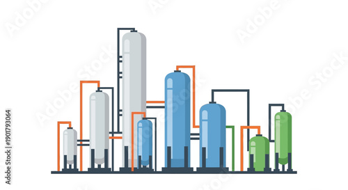 Flat design illustration of an industrial chemical plant. Features storage tanks, pipes, and processing units, symbolizing energy production, manufacturing, and refinery infrastructure
