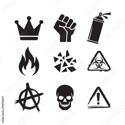 Group of rebellion and danger symbols in black silhouette style including crown, fist, spray can, fire, broken glass, biohazard, anarchy, skull, and warning sign