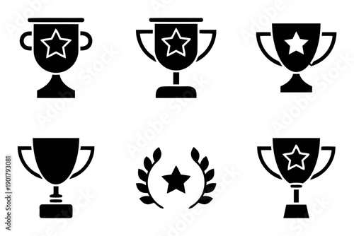 Group of six solid black trophy and laurel wreath icons symbolizing awards success and achievement a bold vector set for celebrating victory and competition winners