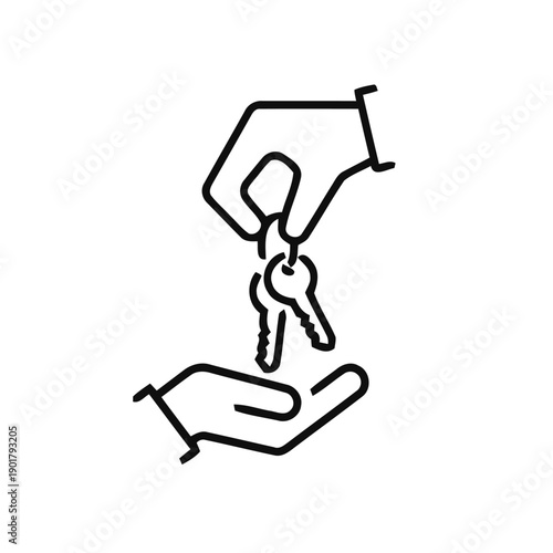Hand giving car keys to another hand, symbol icon representing transfer of ownership, sale, rental or key handover for property or vehicle vector illustration