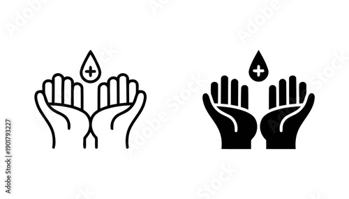 Hand sanitizer icon, dropping liquid into cupped hands, hygiene and cleanliness symbol, outline and filled versions for health and safety applications.