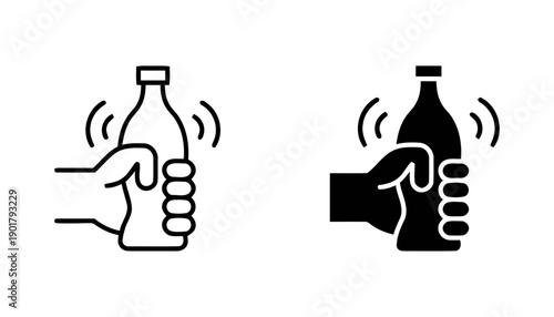 Hand shaking bottle icons line art and solid filled showing person gripping container with motion waves indicating movement for product reveal