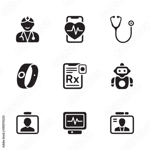 Healthcare technology icons depicting medical professionals digital health monitoring fitness tracker prescription digital health records and robotic 