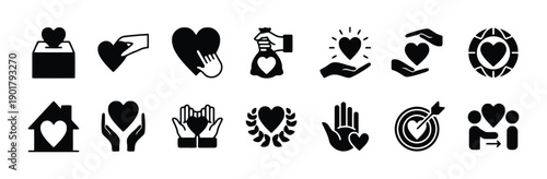 Heart icons and hands set symbolizing love, care, charity, support, donation, relationships, community and trust for humanitarian projects and health concepts