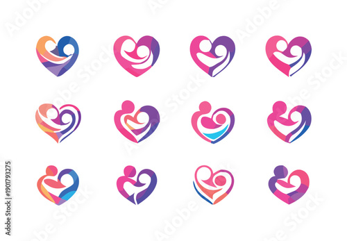 Heart shape with family figures inside, vibrant colors, representing love, care, and unity, abstract connection between parents and child, symbol for relationships 