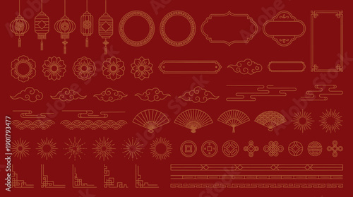 Golden Chinese decorative motifs on red background, lanterns, fans, clouds, floral frames, ornate borders, festive cultural symbols of prosperity and tradition.