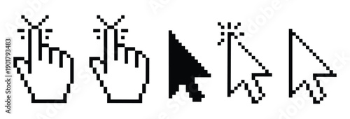 Computer mouse click cursor gray arrow icons set and loading icons. Cursor icon. Mouse click cursor collection. Cursor pointers and hand icons in pixel art style for digital design. 