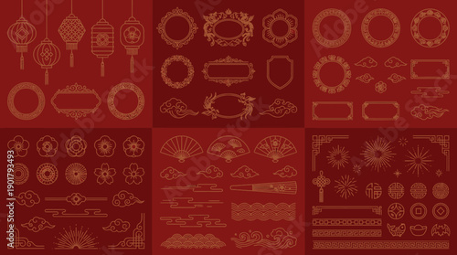 Golden Chinese decorative motifs on red background, lanterns, fans, clouds, floral frames, ornate borders, festive cultural symbols of prosperity and tradition.