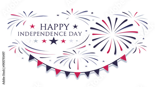 4th of July celebration banner with fireworks and bunting, Independence Day vector illustration for poster or social media