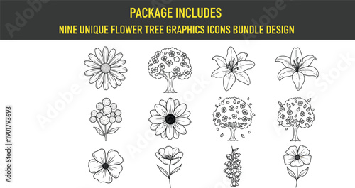 Set of hand-drawn black line icons featuring various flowers lilies daisies and flowering spring trees isolated on grey background for botanical design
