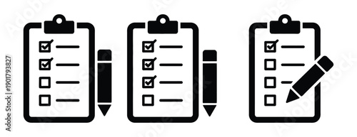 Checklist icons with clipboard and pencil for business and productivity. Checklist icons with checkboxes and pencil for task management and planning.

