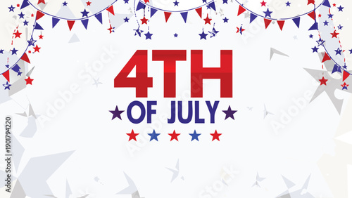 4th of July banner with red, white, and blue stars and bunting, patriotic text for Independence Day celebration or USA holiday decoration, overlay effect for website or social media