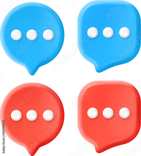 赤と青の会話用吹き出しアイコンセット｜質問と回答・チャット通知を表現したシンプルイラスト素材｜SNS・メッセージ・Q&A・カスタマーサポートUI向け
