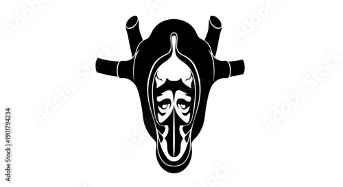 An artistic representation of a gas mask viewed from the front, showcasing its intricate design and features in a detailed illustration.