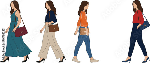 Women Walking Side View Vector Set with Female Characters in Casual Fashion Outfits Carrying Handbags in Flat Illustration Style