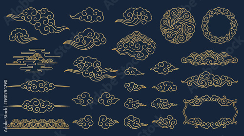 Golden East Asian cloud motifs on dark blue background, flowing ornate swirls, traditional vector collection, elegant cultural decorative design elements.