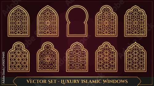 Golden ornamental Islamic arches with intricate floral and geometric patterns on dark background, elegant Moorish decorative window motifs.