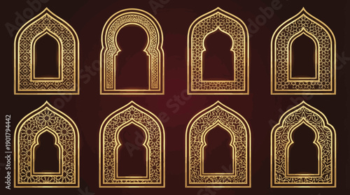 Golden ornamental Islamic arches with intricate floral and geometric patterns on dark background, elegant Moorish decorative window motifs.