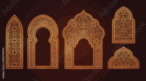 Golden ornamental Islamic arches with intricate floral and geometric patterns on dark background, elegant Moorish decorative window motifs.
