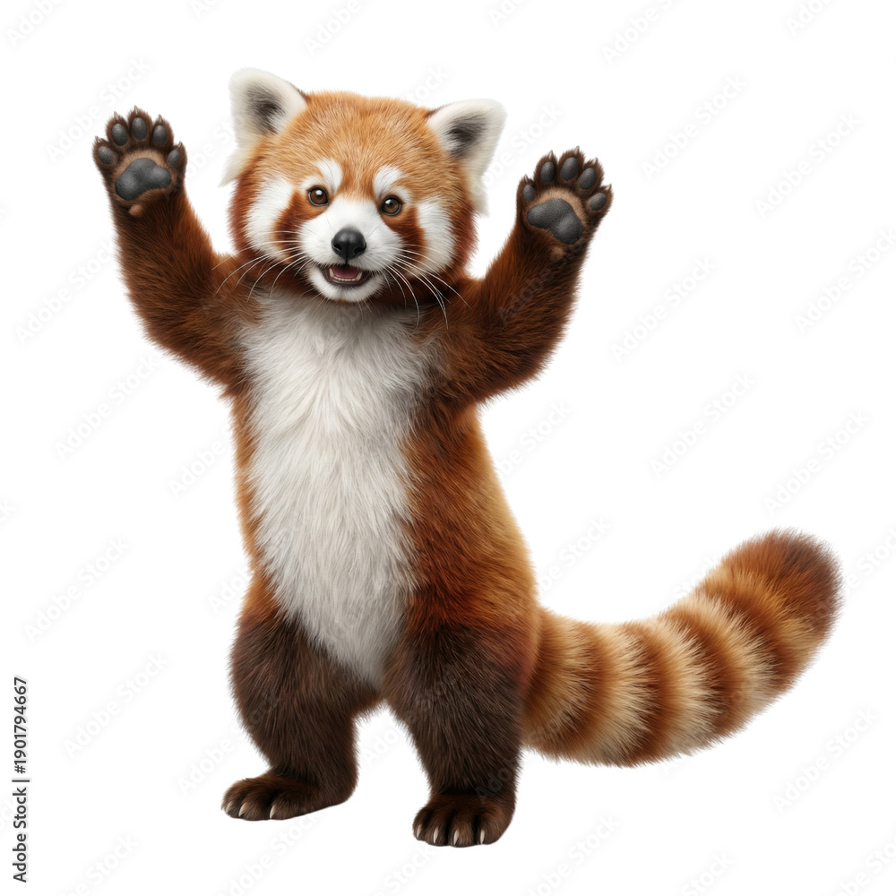 Obraz premium Red panda standing with raised paws, full body front view, cutout Isolated on white background